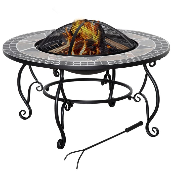 3-in-1 80cm Outdoor Fire Pit, Mosaic Garden Table, BBQ Grill, Patio Heater Firepit Bowl with Spark Screen Cover, Fire Poker for Backyard Bonfire