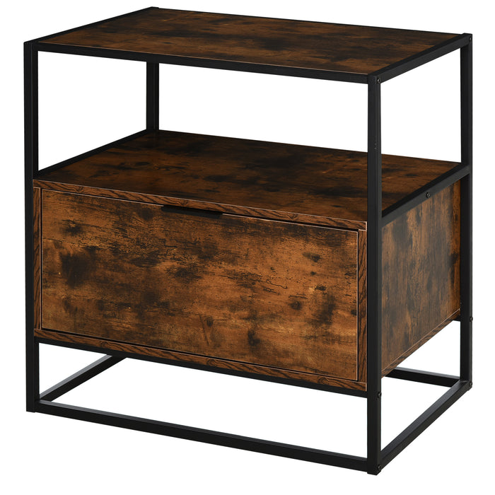 Industrial-Style Side Table w/ Drawer Open Shelf Steel Frame Large Base Two-Tone Retro Stylish Home Furniture Bedroom Living Room