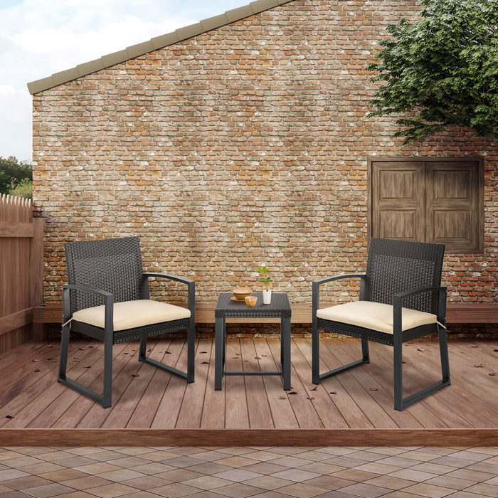 Outdoor Garden PP Rattan Style Bistro Set, 3 PCS Patio Side Table Set w/ 2 Cushioned Single Chairs Conservatory Furniture, Brown