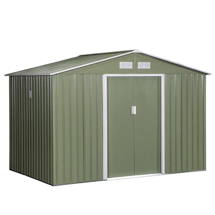 9 x 6 ft Metal Garden Storage Shed Corrugated Steel Roofed Tool Box with Foundation Ventilation and Doors, Light Green