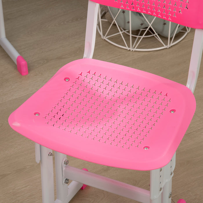 Kids Desk and Chair Set, Height Adjustable Study Table Set with Storage Drawer, Book Stand, Cup Holder, Pen Slot, Pink