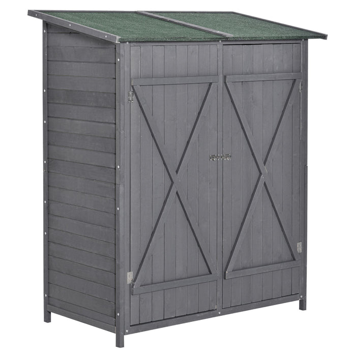 Wooden Garden Storage Shed Lockable Tool Cabinet Organizer w/ Storage Table, Double Door, 139 x 75 x 160 cm, Grey