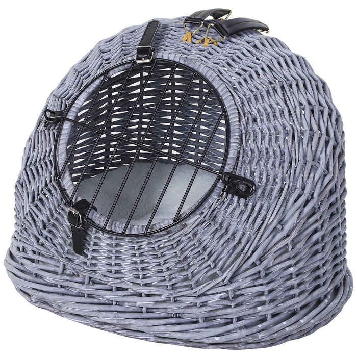 PawHut Cats Wicker Travel Carrier Basket w/ Plush Cushion Grey