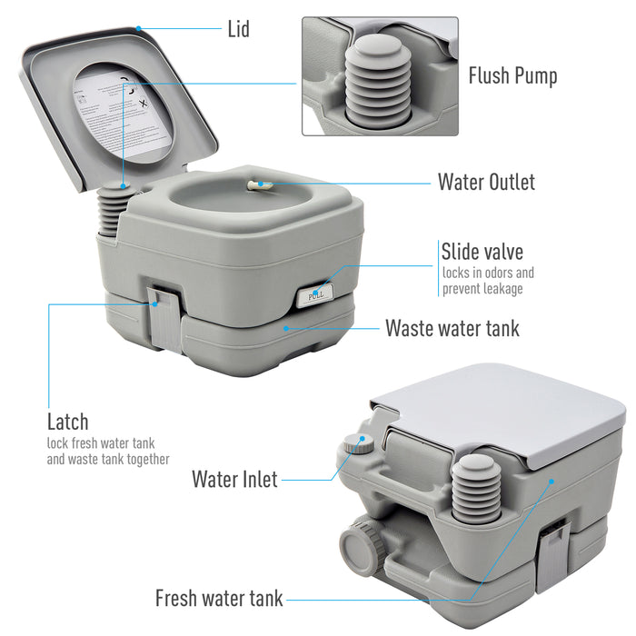 10L Portable Travel Toilet Outdoor Camping Picnic with 2 Detachable Tanks & Push-button Operation, Grey