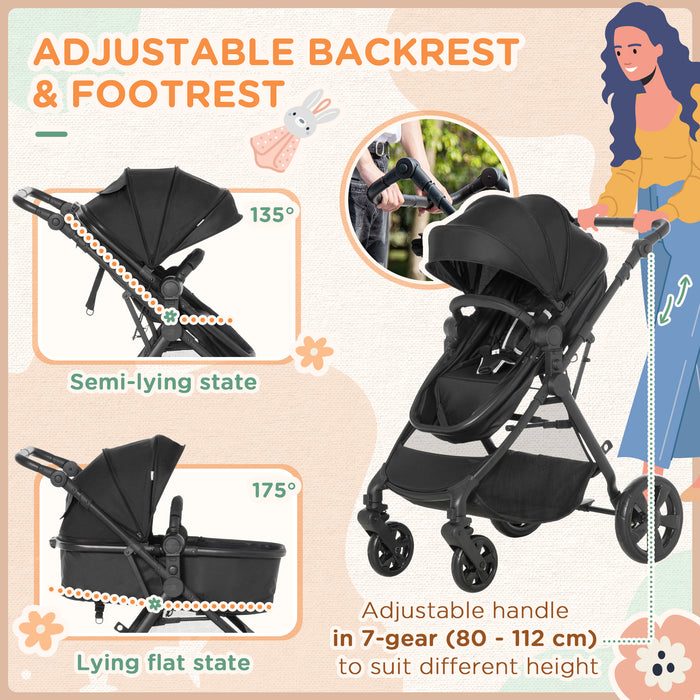 2 in 1 Lightweight Pushchair w/ Reversible Seat, Foldable Travel Baby Stroller w/ Fully Reclining From Birth to 3 Years, 5-point Harness Black