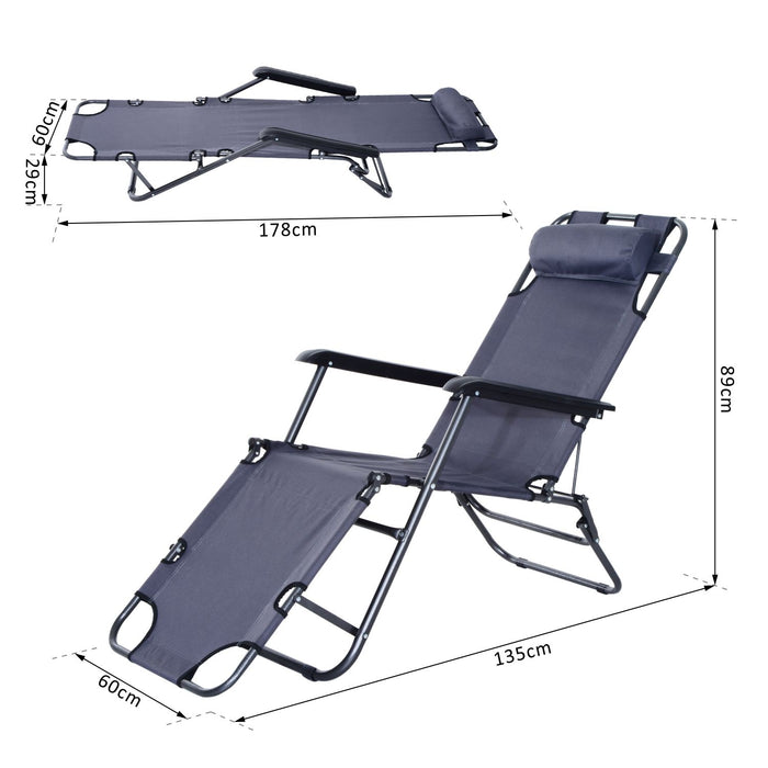 2 in 1 Sun Lounger Folding Reclining Chair Garden Outdoor Camping Adjustable Back with Pillow Grey