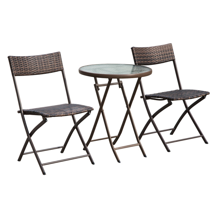 Rattan Bistro Set 2-Seater Garden Furniture Folding Rattan Chair Glass Topped Coffee Table Patio Balcony Wicker Furniture, Brown