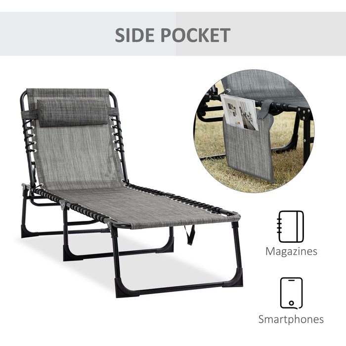 Portable Sun Lounger, Folding Camping Bed Cot, Reclining Lounge Chair 5-position Adjustable Backrest with Pillow, Mixed Grey