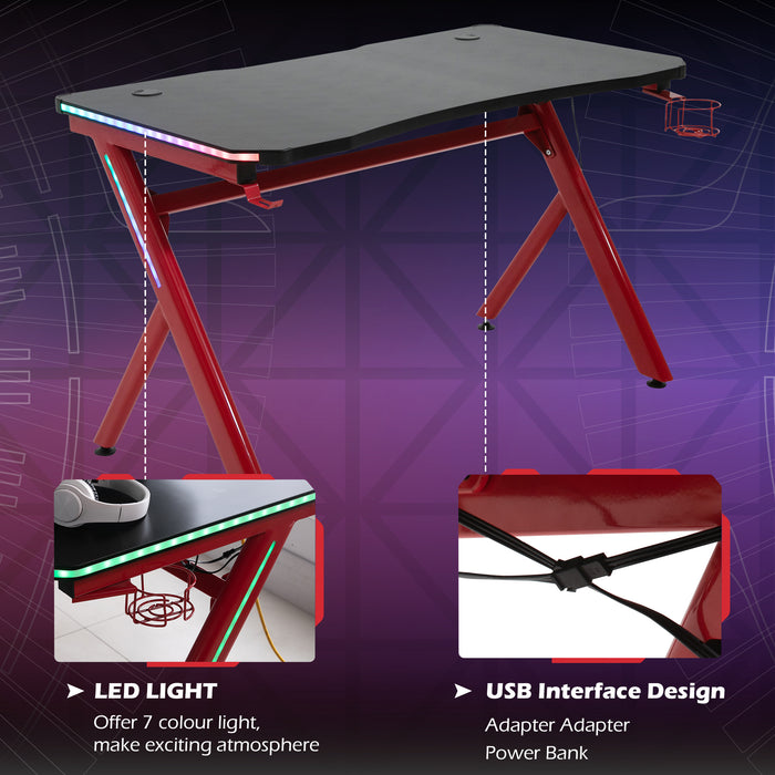 Gaming Desk Computer Table Metal Frame with LED Light, Cup Holder, Headphone Hook, Cable Hole, Red
