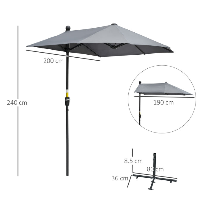 2m Half Parasol Market Umbrella Garden Balcony Parasol with Crank Handle, Cross Base, Double-Sided Canopy, Dark Grey
