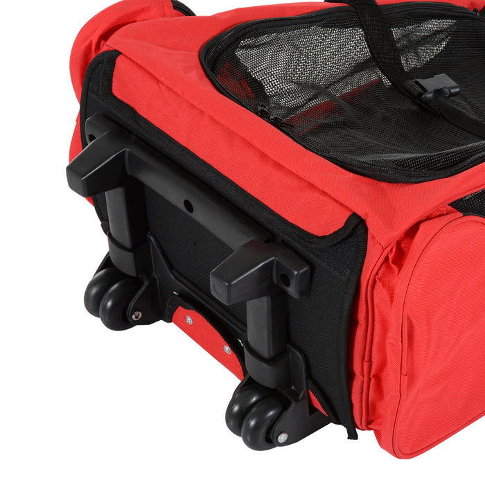 PawHut Pet Travel Backpack Bag Cat Puppy Dog Carrier w/ Trolley and Telescopic Handle Portable Stroller Wheel Luggage Bag (Red)