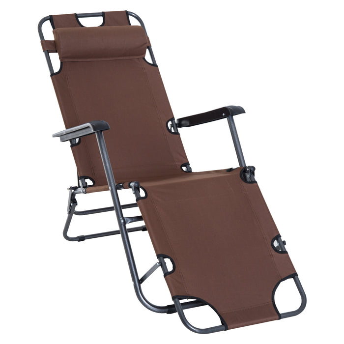 2 in 1 Sun Lounger Folding Reclining Chair Garden Outdoor Camping Adjustable Back with Pillow (Brown)