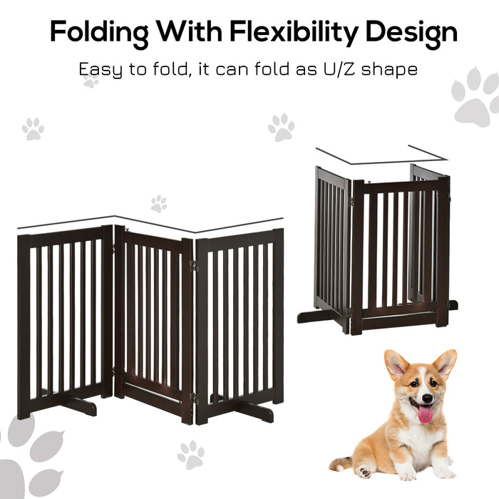 PawHut Pet Gate Freestanding Dog Gate For Stairs Wood Doorway Safety Pet Barrier Fence Foldable w/ Latch Support Feet Deep Brown, 155 x 76 cm
