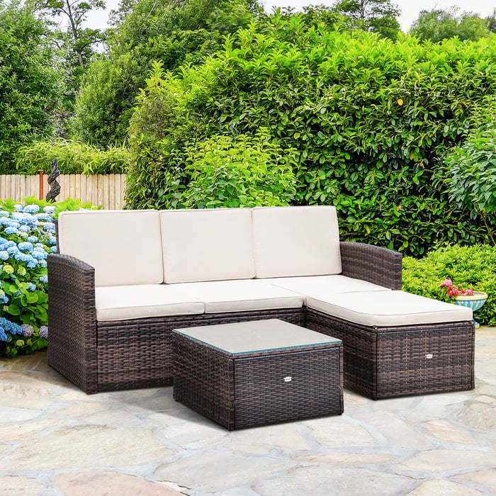 Rattan Garden Furniture Outdoor Patio 4 Seater Corner Sofa and Coffee Table Set Footstool with Thick Cushions Brown