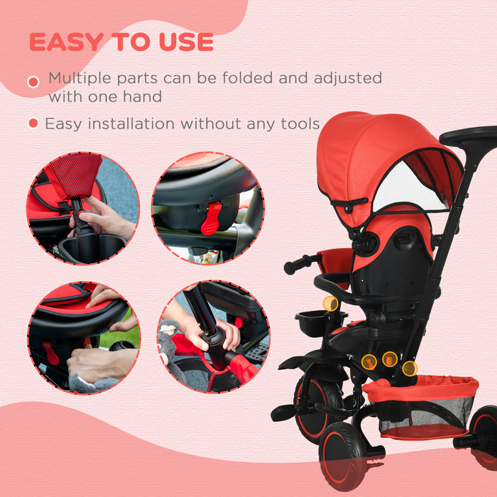 7-in-1 Tricycle for Kids, Baby Trike with Rotatable Seat, Adjustable Push Handle, Safety Harness Detachable Canopy Semi-reclining Footrest Red