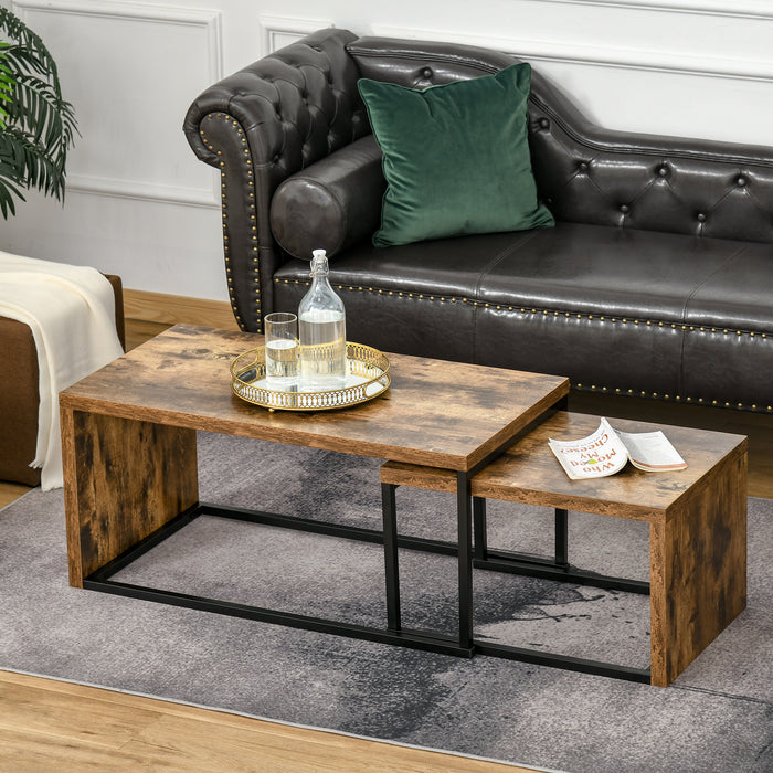 Set of 2 Coffee Tables Industrial Style Tea Table, Side Table w/ Metal Frame for Living Room Bedroom Black & Brown