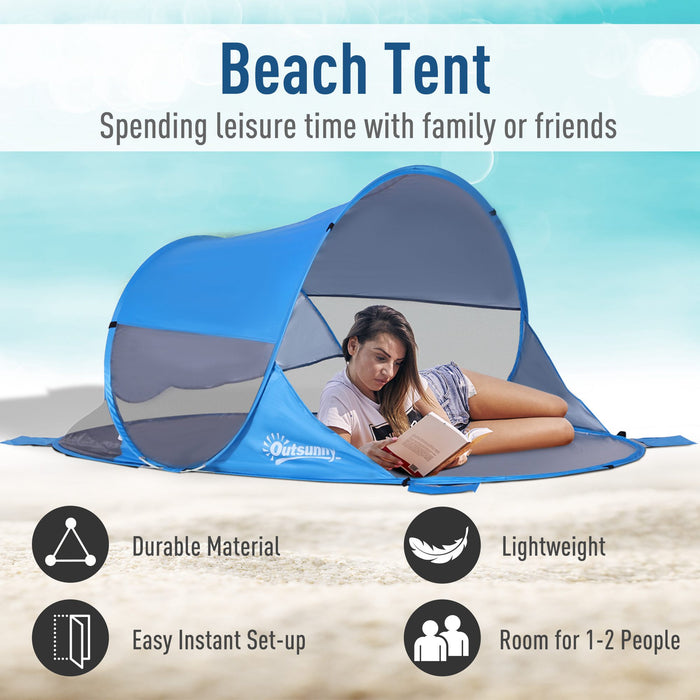 1-2 Person Pop up Tent Beach Tent Hiking UV 30+ Protection Patio Sun Shelter Portable Automatic - Blue