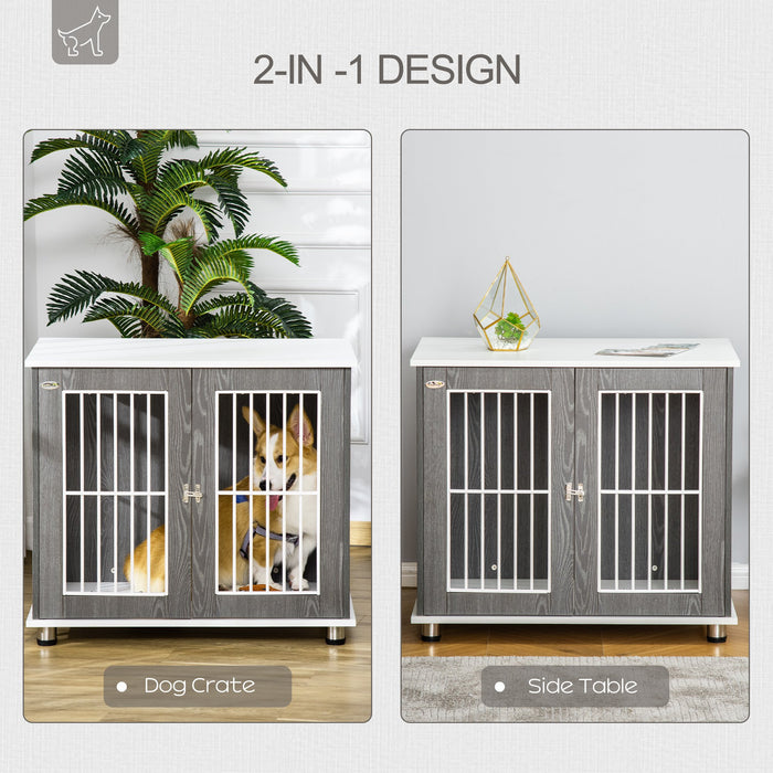 PawHut Dog Crate, Wooden Pet Kennel Cage with Lockable Door and Adjustable Foot Pads, Modern Design, Grey and White