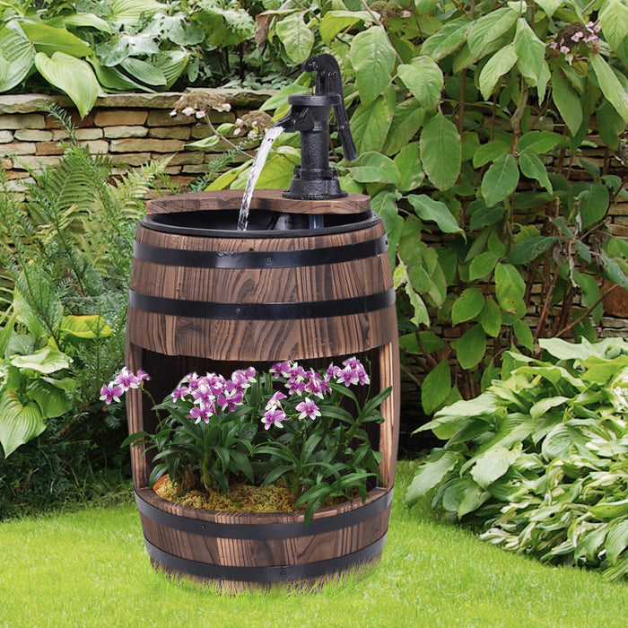 Wood Barrel Patio Water Fountain Electric Pump Garden Decorative Ornament with Flower Planter Decor