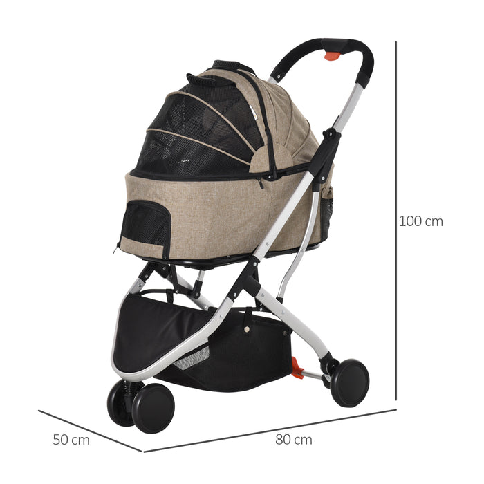 PawHut Detachable Pet Stroller Pushchair Foldable Dog Cat Travel Carriage 2-In-1 Design Carrying Bag Light Brown