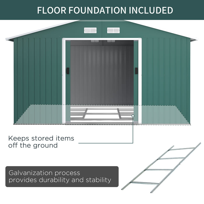 13 x 11 ft Metal Garden Shed Large Patio Roofed Tool Storage Box with Ventilation and Sliding Door, Deep Green