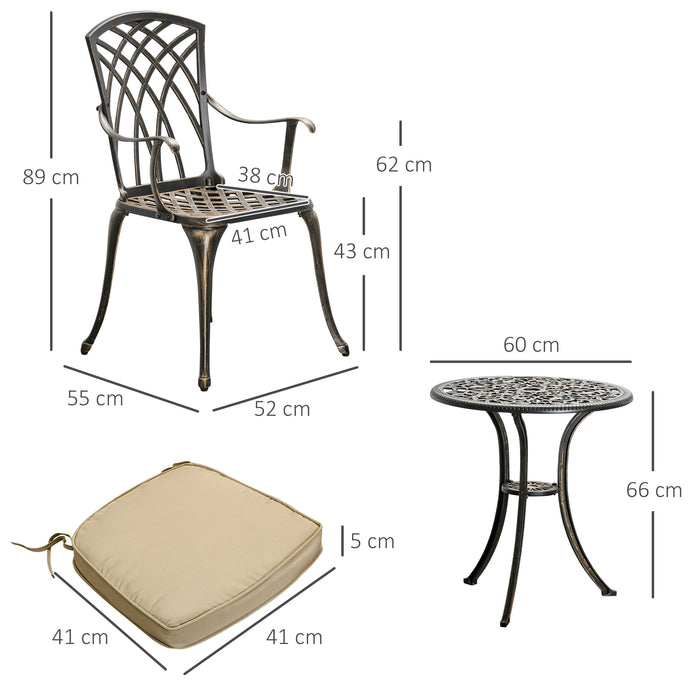 3 Piece Cast Aluminium Garden Bistro Set for 2 with Parasol Hole, Outdoor Coffee Table Set with Cushions - Bronze
