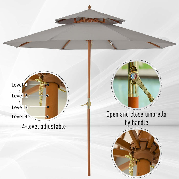 2.7 m Double Tier Outdoor Patio Garden Sun Umbrella Sunshade Wooden Parasol Grey Shade Canopy