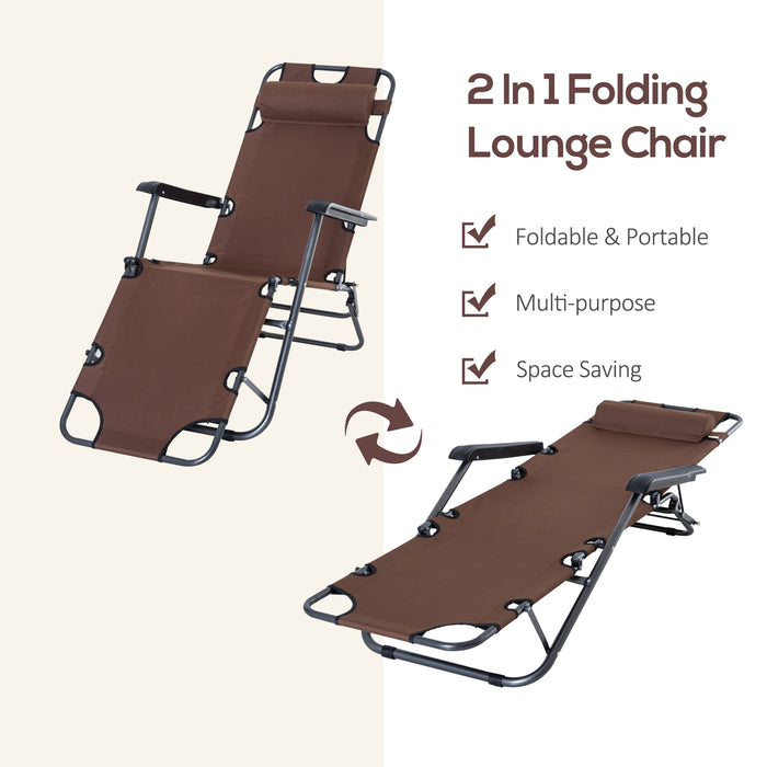 2 in 1 Sun Lounger Folding Reclining Chair Garden Outdoor Camping Adjustable Back with Pillow (Brown)