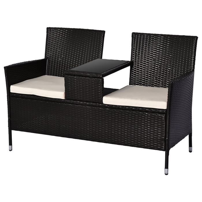 2 Seater Rattan Chair Set Wicker Loveseat Campanion Chair Patio Armchair with Coffee Table and Cushions, Dark Brown