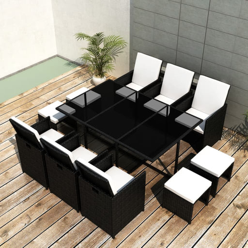 11 Piece Outdoor Dining Set with Cushions Poly Rattan Black.