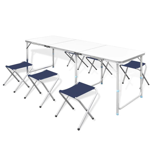 Foldable Camping Table Set with 6 Stools Height Adjustable 180x60cm.