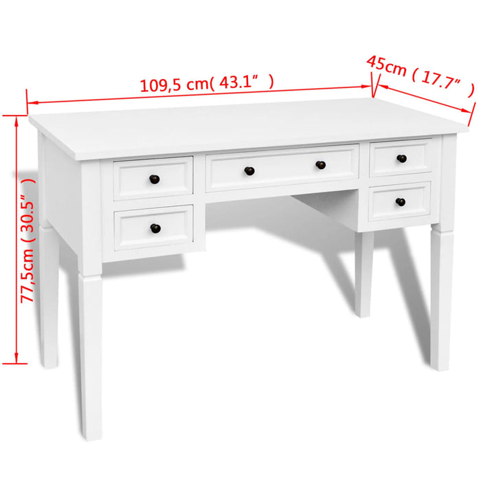 White Writing Desk with 5 Drawers.