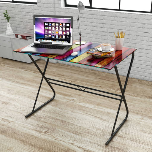 Glass Desk with Rainbow Pattern.