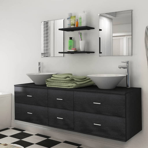 Nine Piece Bathroom Furniture Set with Basin with Tap Black.