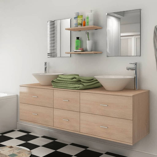 Nine Piece Bathroom Furniture Set with Basin with Tap Beige.