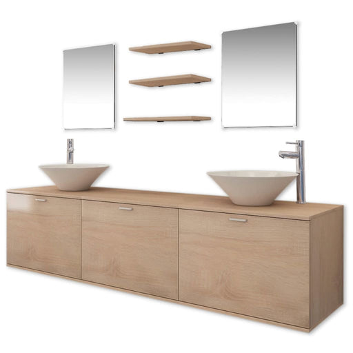 Ten Piece Bathroom Furniture Set with Basin with Tap Beige.