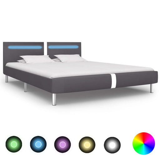 Bed Frame with LED Grey Faux Leather 150x200 cm 5FT King Size.