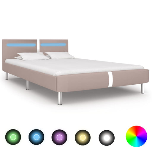 Bed Frame with LED Cappuccino Faux Leather 135x190 cm 4FT6 Double.