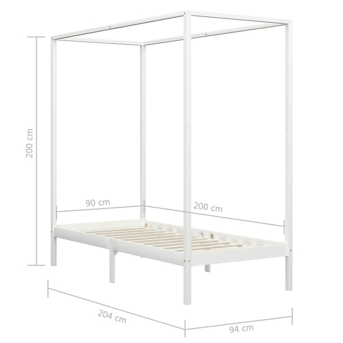 Canopy Bed Frame White Solid Pine Wood 90x200 cm.