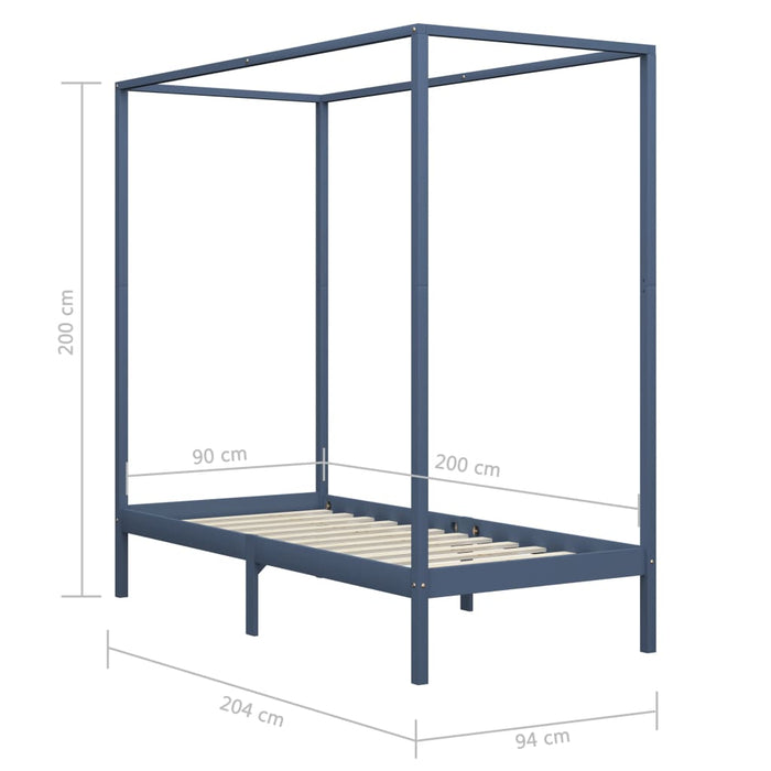 Canopy Bed Frame Grey Solid Pine Wood 90x200 cm.