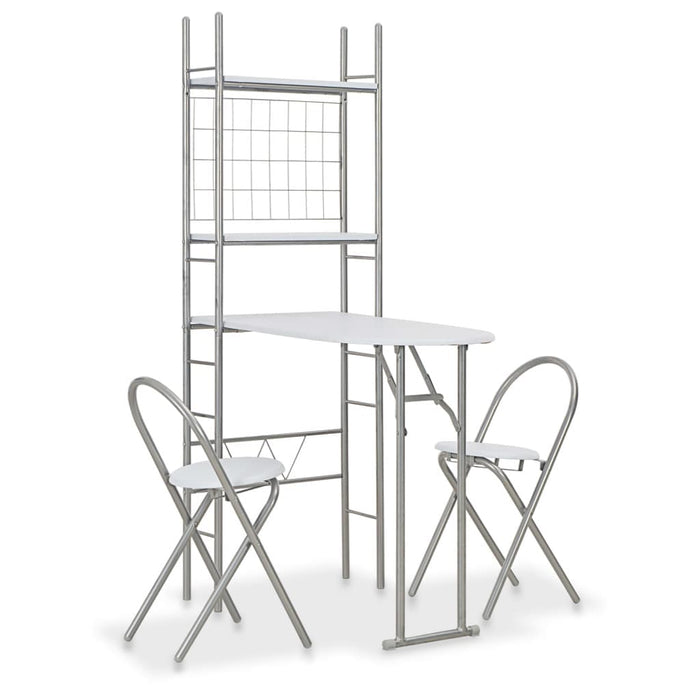 3 Piece Folding Dining Set with Storage Rack MDF and Steel White.