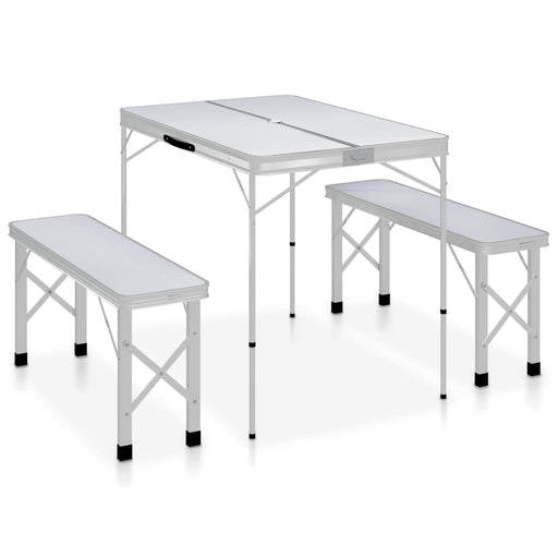 Folding Camping Table with 2 Benches Aluminium White.
