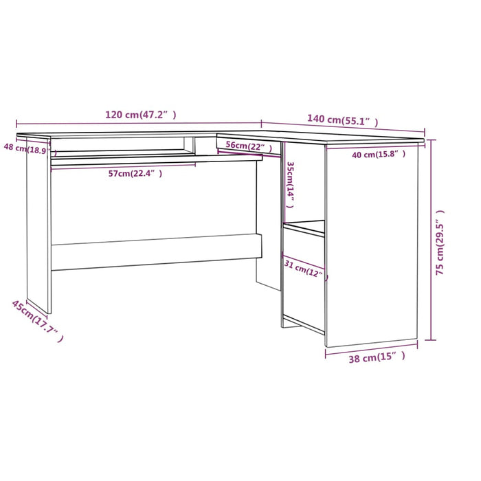 L-Shaped Corner Desk High Gloss White 120x140x75 cm Engineered Wood.