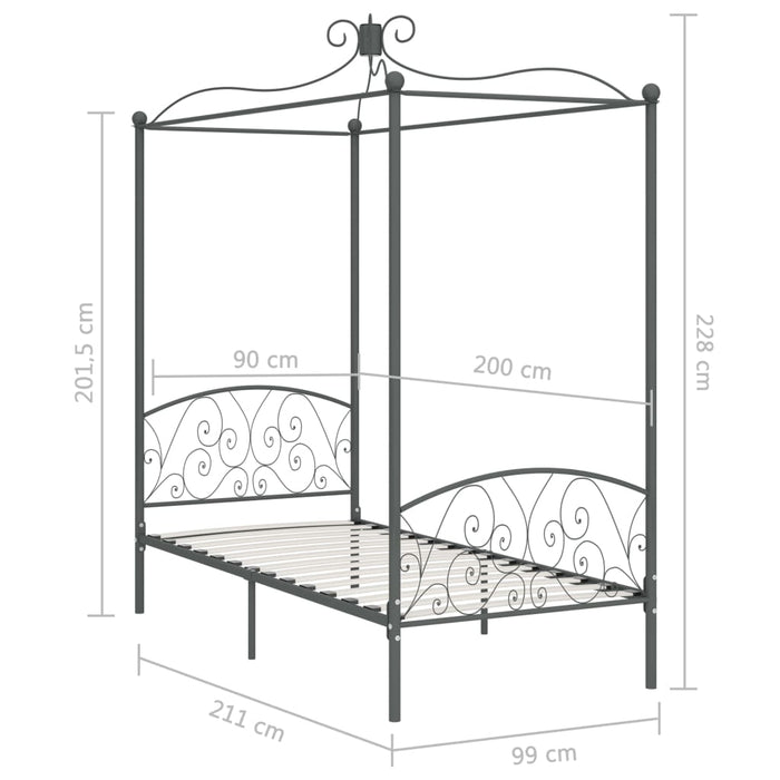 Canopy Bed Frame Grey Metal 90x200 cm.