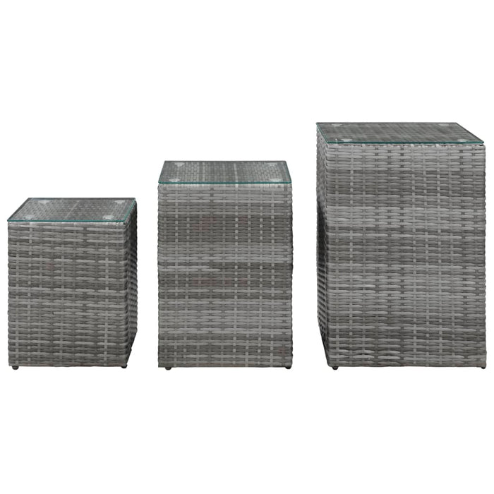 Side Tables 3 pcs with Glass Top Grey Poly Rattan.