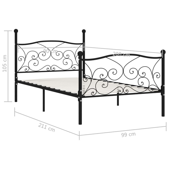 Bed Frame with Slatted Base Black Metal 90x200 cm.