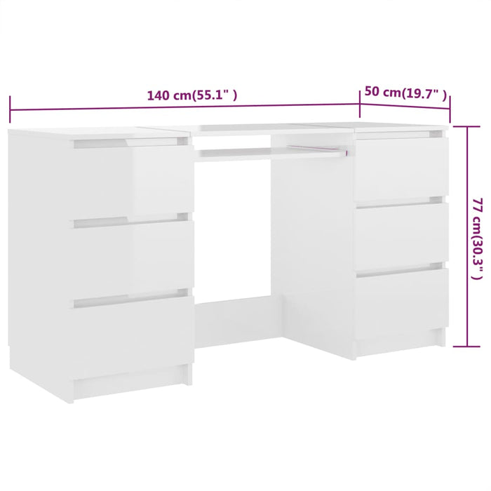 Writing Desk High Gloss White 140x50x77 cm Engineered Wood.