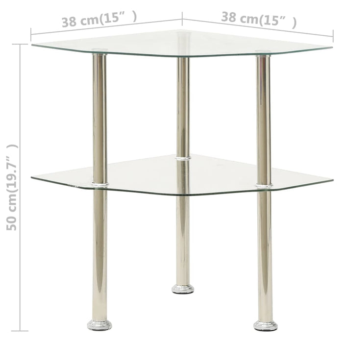 2-Tier Side Table Transparent 38x38x50 cm Tempered Glass.