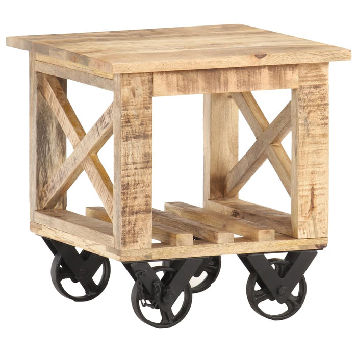 Side Table with Wheels 40x40x42 cm Rough Mango Wood.