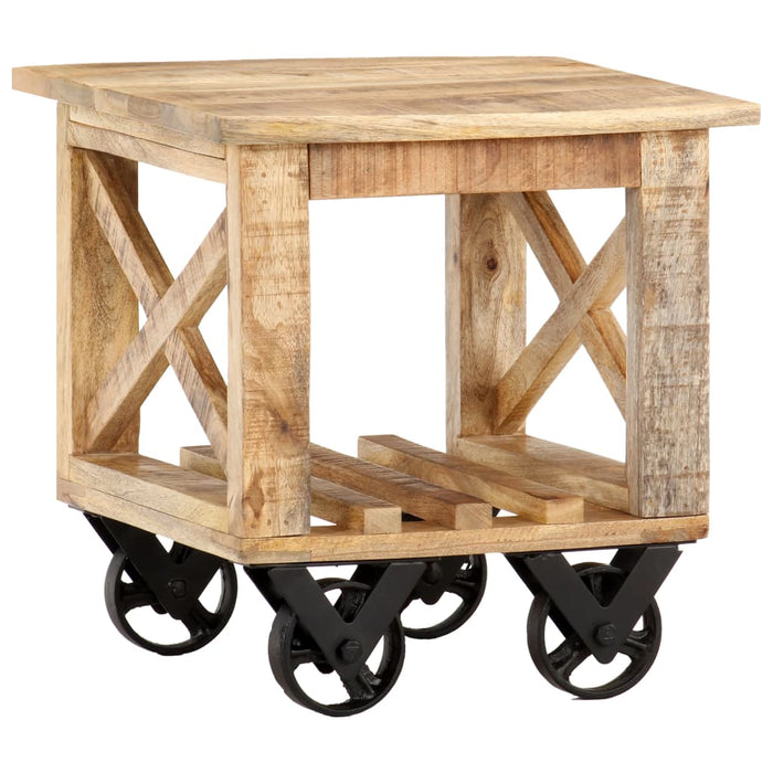 Side Table with Wheels 40x40x42 cm Rough Mango Wood.